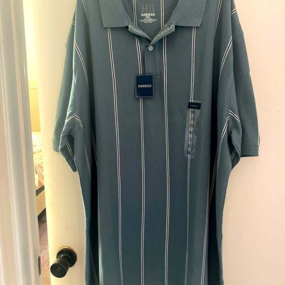 Harbor Bay Polo Shirt Men's 3XLT NWT  Green White Stripe Short Sleeve Split Hem